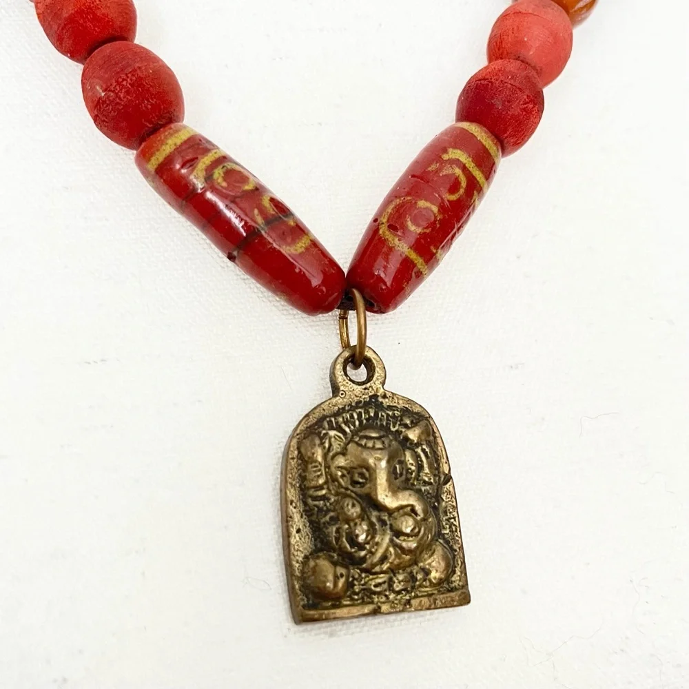 Handcrafted Chunky Ceramic Bead Statement Necklace Ganesha Charm from India Boho